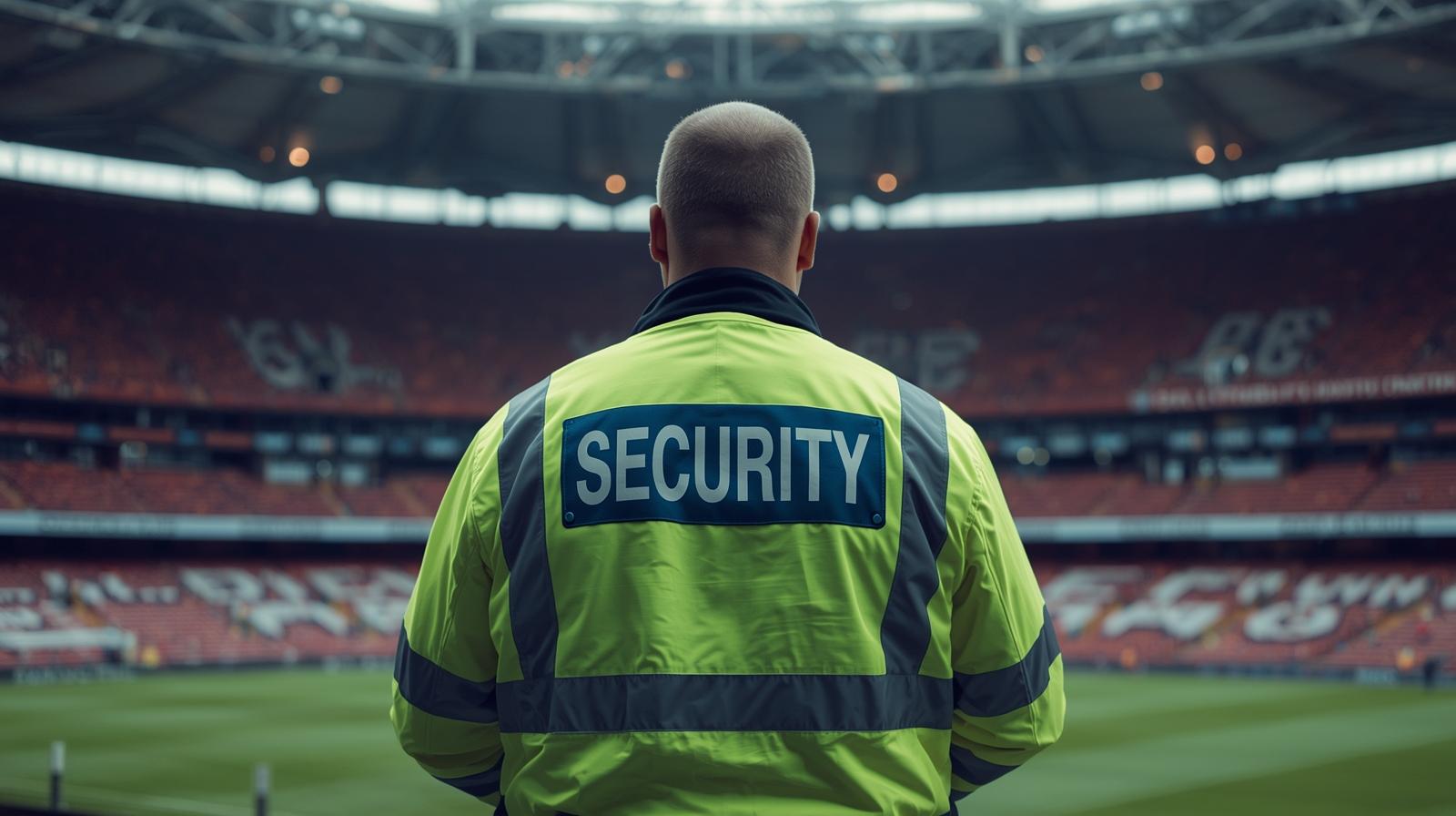 A security guard back, wearing a high viz jaket standing in a stadium. The scene is rendered in a realistic photographic style, with attention to the texture of the stadium.